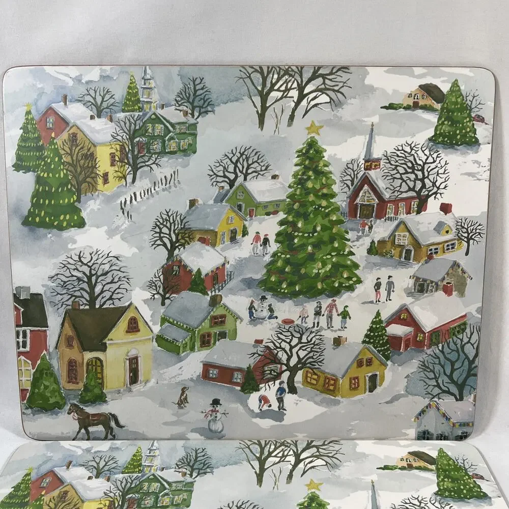 Pottery Barn Winter Village Set of 2 Christmas Placemats Cork Mat Hard Boards